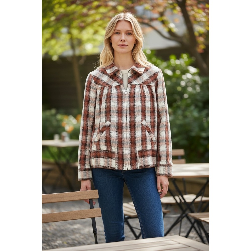 Vintage Decree Womens XL Rust Plaid Herringbone Zip Jacket Western Boho Cotton